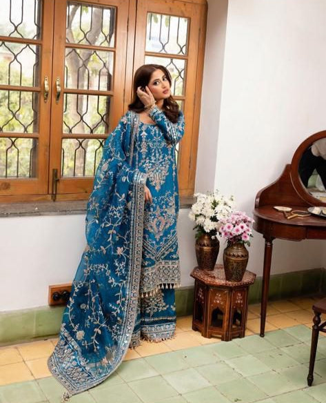 Faiza Saqlain Couture Blue with Golden Embroidery MC-057