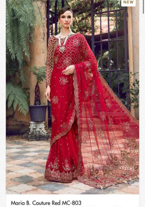 Maria B. Fishnet Red Saree MB-0701