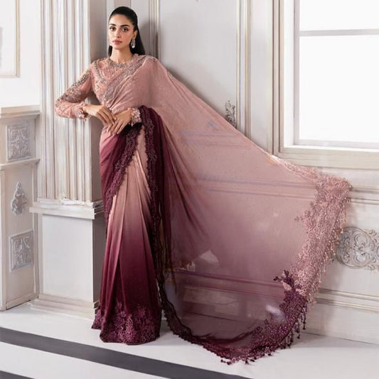 Maria B – Maroon Elegance | Intricately Embroidered Saree Masterpiece - MC 0588